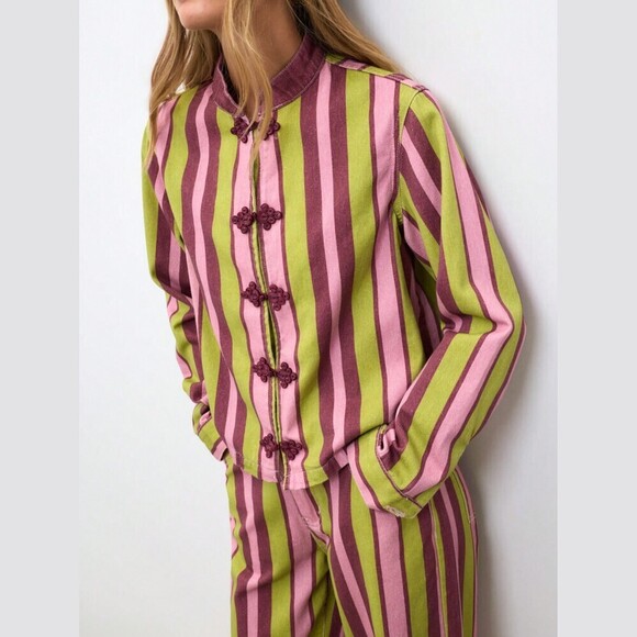 Jackets & Blazers - Green Pink Striped Frog Button Denim Jacket, Mandarin Collar